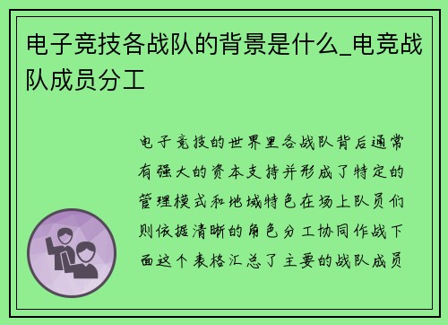 电子竞技各战队的背景是什么_电竞战队成员分工